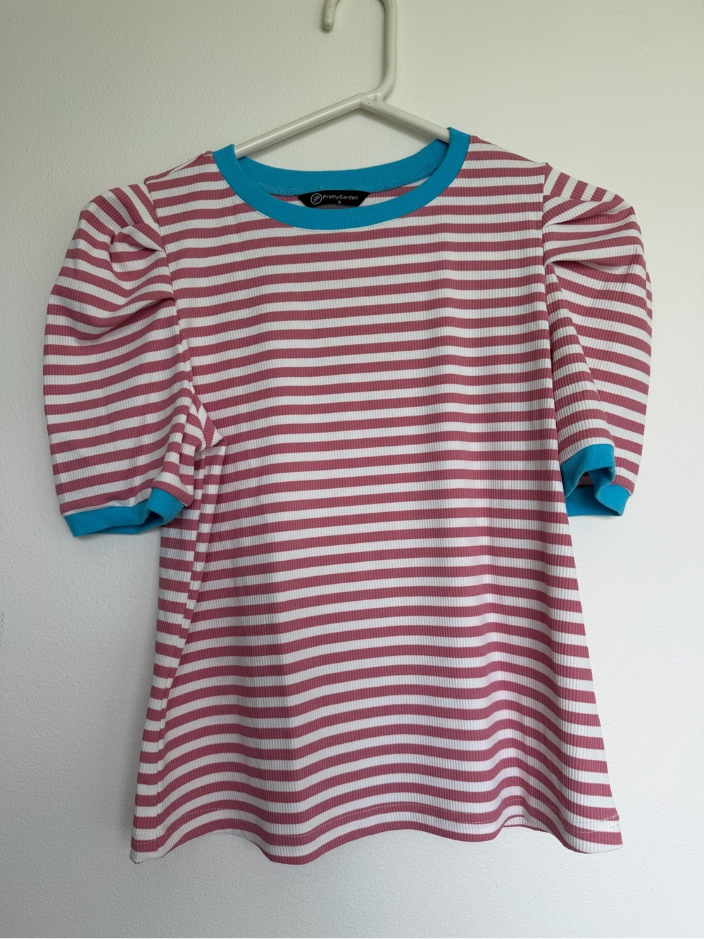 Striped Puff Sleeve Top with Turquoise Trim